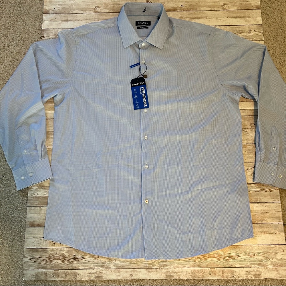 “Nautica” blue/white mini-check, slim fit, button down shirt -sz 17-17 1/2,34/35